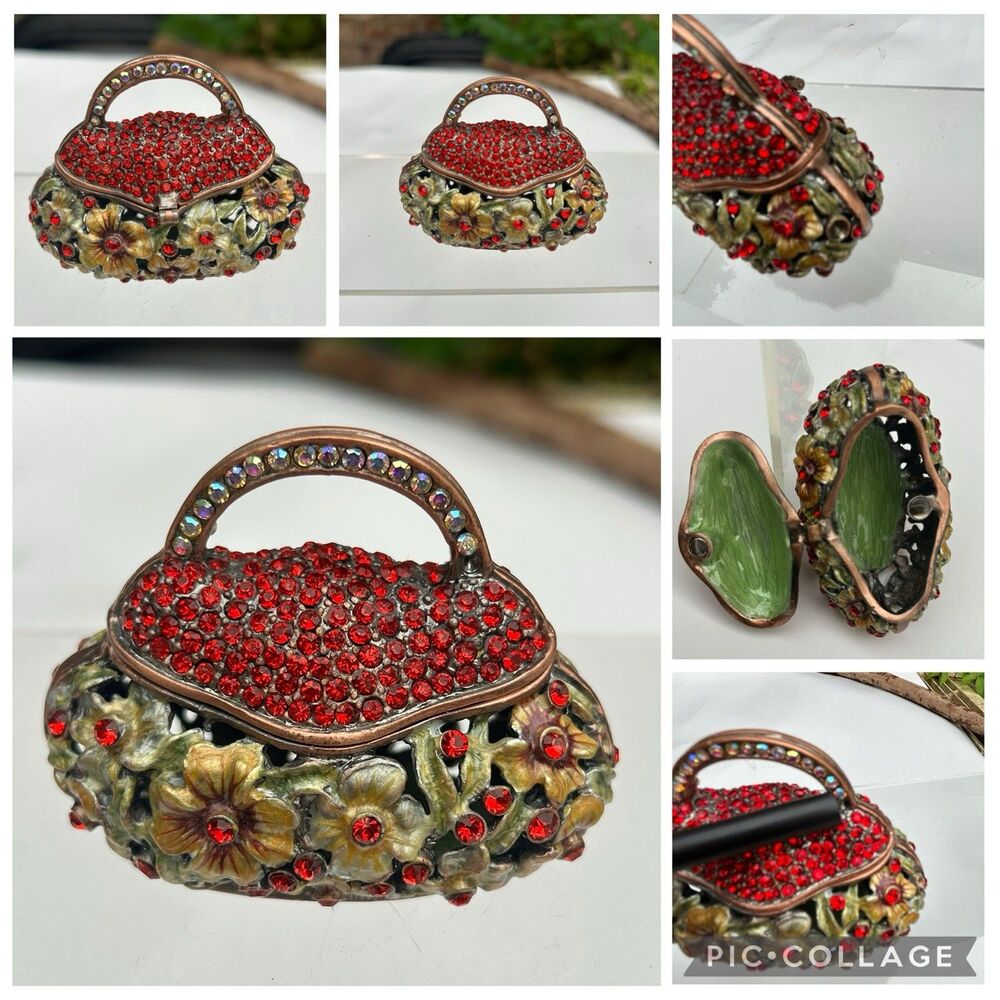 Vintage Jeweled Floral Enamel Red Handbag-Shaped Trinket Box Magnetic Lid